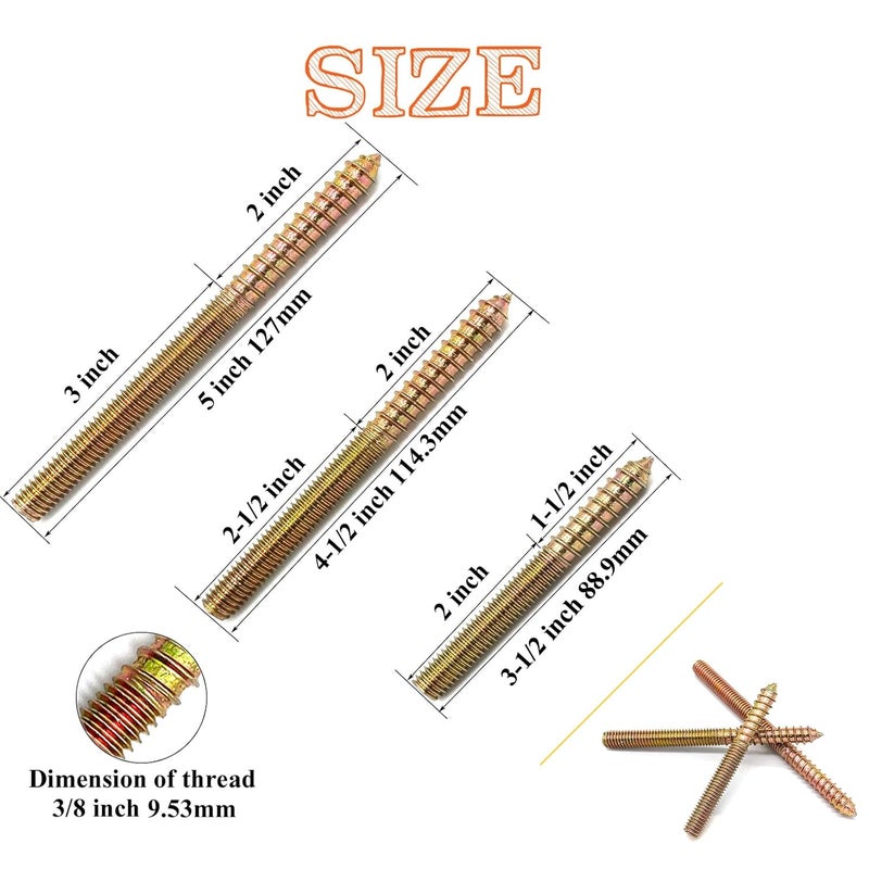 Matrelt 9 Pack 3/8-16" Hanger Bolts 3Sizes Long Double Headed Bolts Wood Dowel Screw Self-Tapping Screw Hanger Bolts for Wood Furniture Screws Double Threaded Rods Bolt - Image 2
